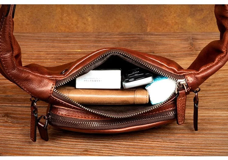 Vegetable Tanned Cowhide Waist Bag - Multi-Functional Vintage Leather