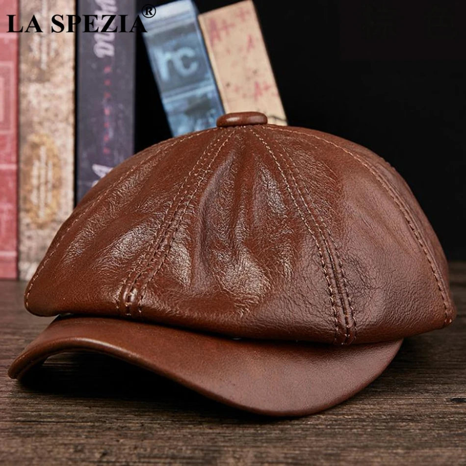 LA SPEZIA Men's Genuine Leather Newsboy Hat - Black Octagonal Cap with Vintage Style