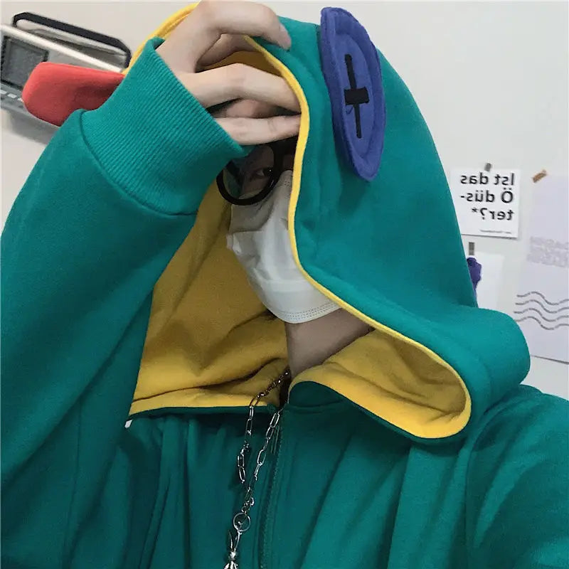 Loose Fit Frog Hoodie - Men's Plus Size Korean Style Fleece Lined Pullover