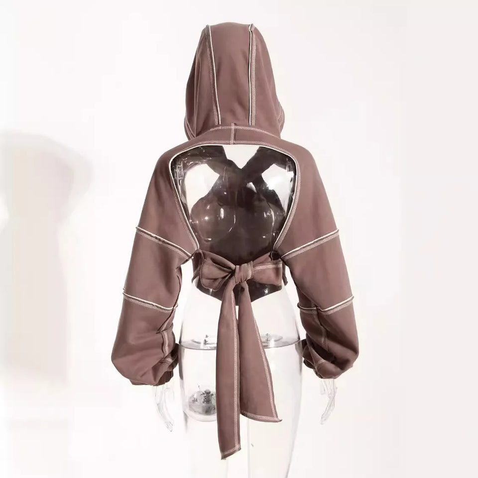 Ladies' Fashion Hoodie - Color Clashing Short Top for Layering