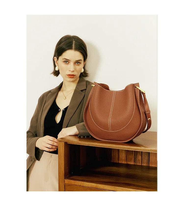 Large Capacity Bucket Bag for Women - Soft Leather Crossbody with Saddle Style
