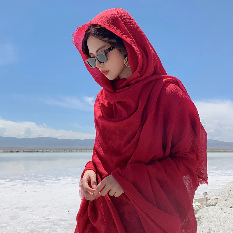 Red Photo Print Beach Scarf - Cotton Linen Sunscreen Shawl for Women's Travel