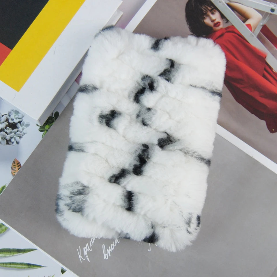 Real Rex Rabbit Fur Scarf - Women's Handmade Knit Cowl & Headband for Winter