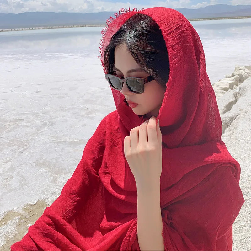 Red Photo Print Beach Scarf - Cotton Linen Sunscreen Shawl for Women's Travel
