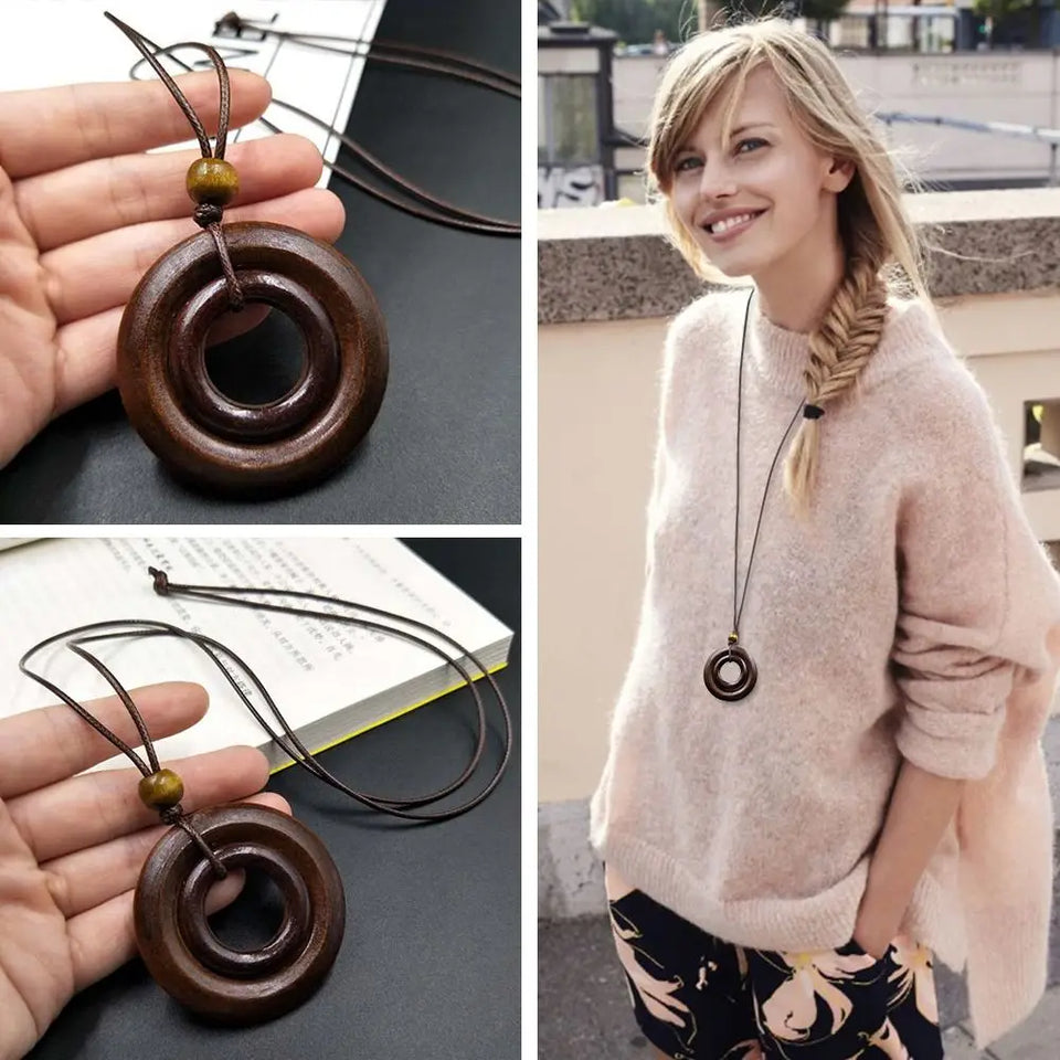Retro Wooden Leaf Owl Necklace - Women's Long Chain with Clock Pendant Jewelry
