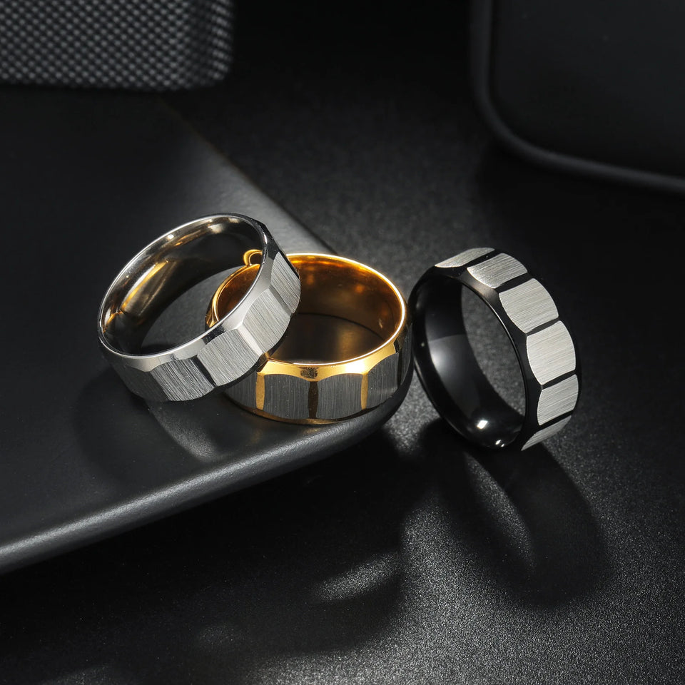 Multi-Sided Silver Ring - Stainless Steel Grooved Design
