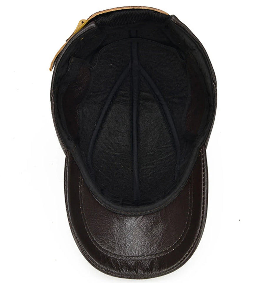Genuine Leather Baseball Cap for Men - Cowhide Winter Hat with Earflaps