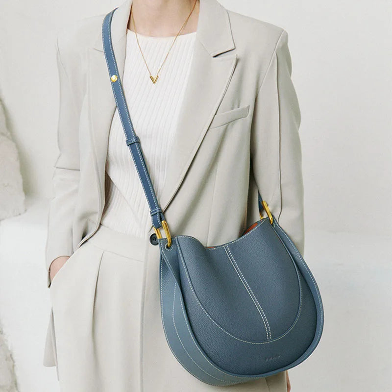 Large Capacity Bucket Bag for Women - Soft Leather Crossbody with Saddle Style