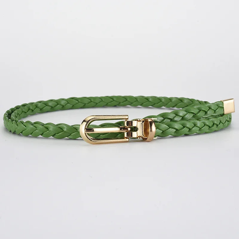 0.8cm Thin Braided PU Leather Belt - Women's Pin Buckle Waistband 110cm