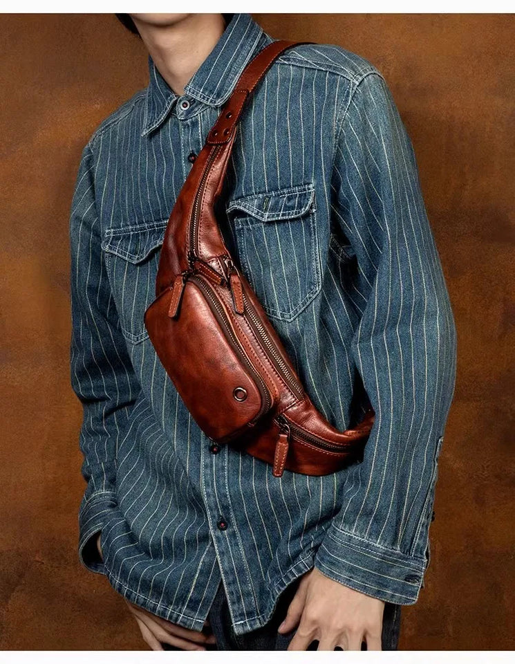 Vegetable Tanned Cowhide Waist Bag - Multi-Functional Vintage Leather