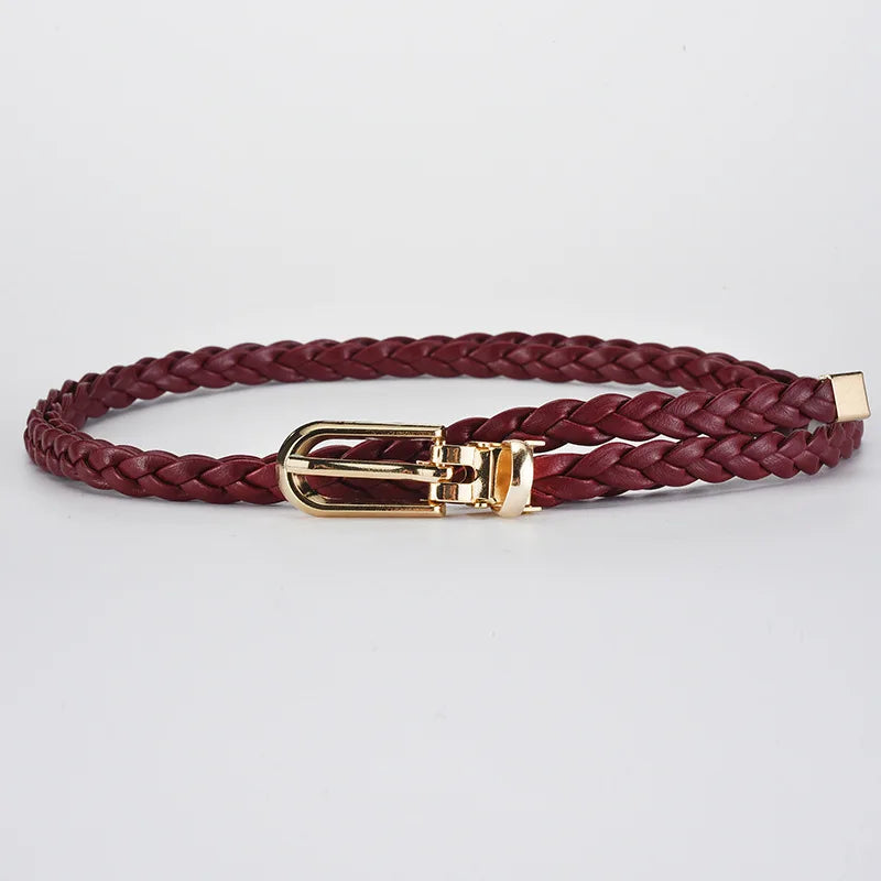 0.8cm Thin Braided PU Leather Belt - Women's Pin Buckle Waistband 110cm