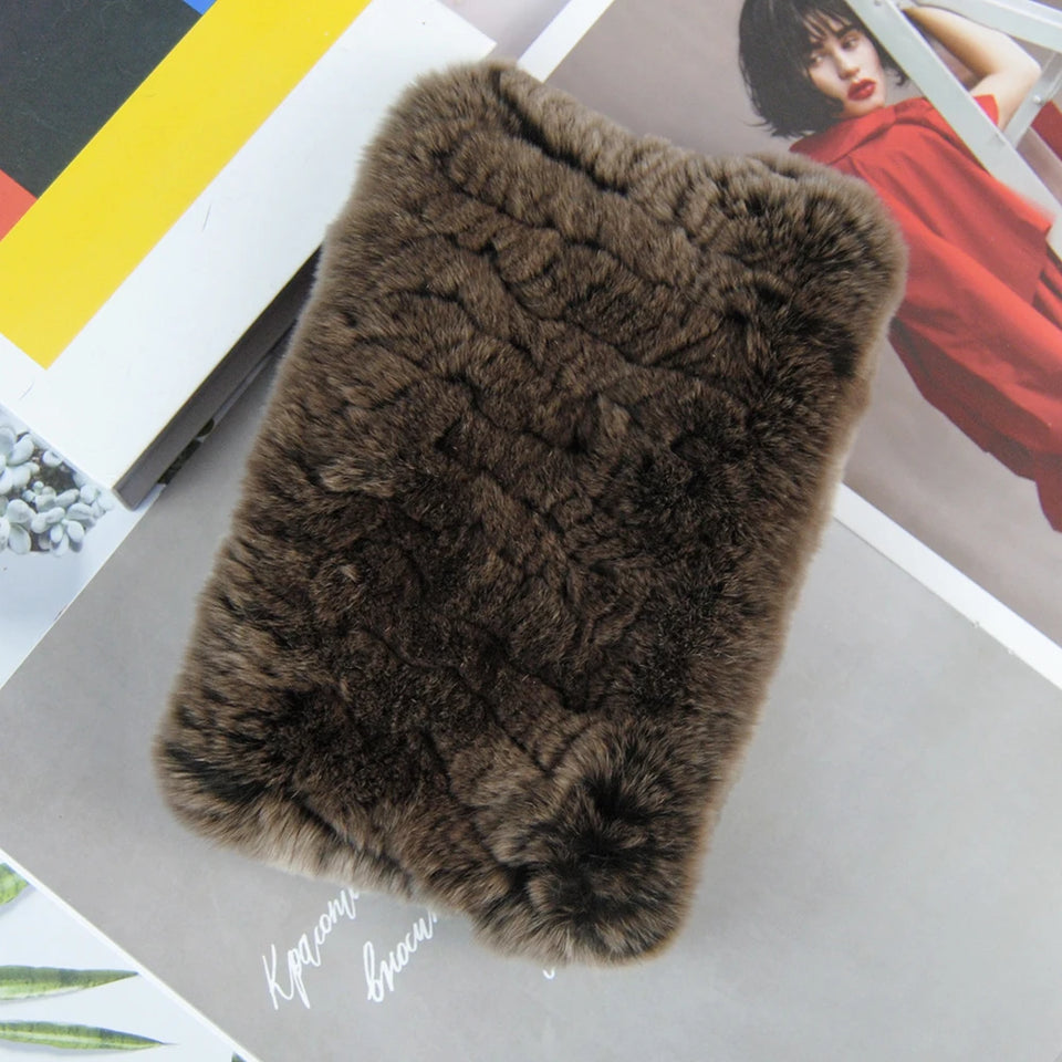Real Rex Rabbit Fur Scarf - Women's Handmade Knit Cowl & Headband for Winter