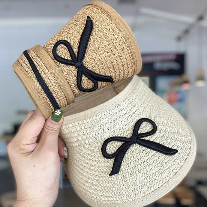 Large Brim Straw Sun Hat & Bag Set - Girls' Summer Beach Visor with Bowknot