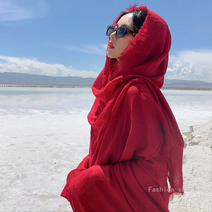 Red Photo Print Beach Scarf - Cotton Linen Sunscreen Shawl for Women's Travel
