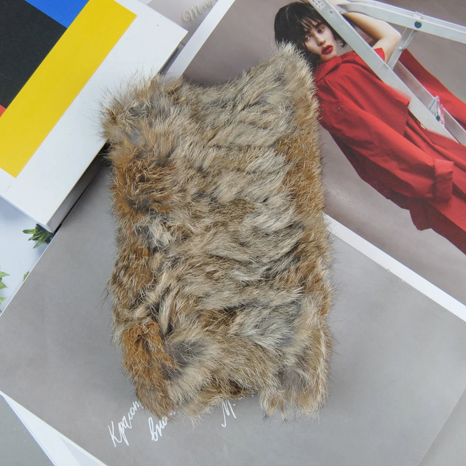 Real Rex Rabbit Fur Scarf - Women's Handmade Knit Cowl & Headband for Winter