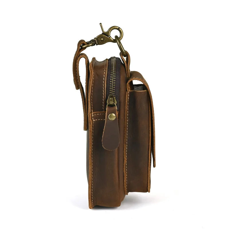 Genuine Leather Men's Belt Bag - First Layer Cowhide Waist Pouch with Hardware Clasp