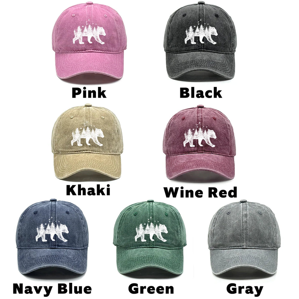 Washed Cotton Snapback Cap - Forest Bear Distressed Baseball Hat