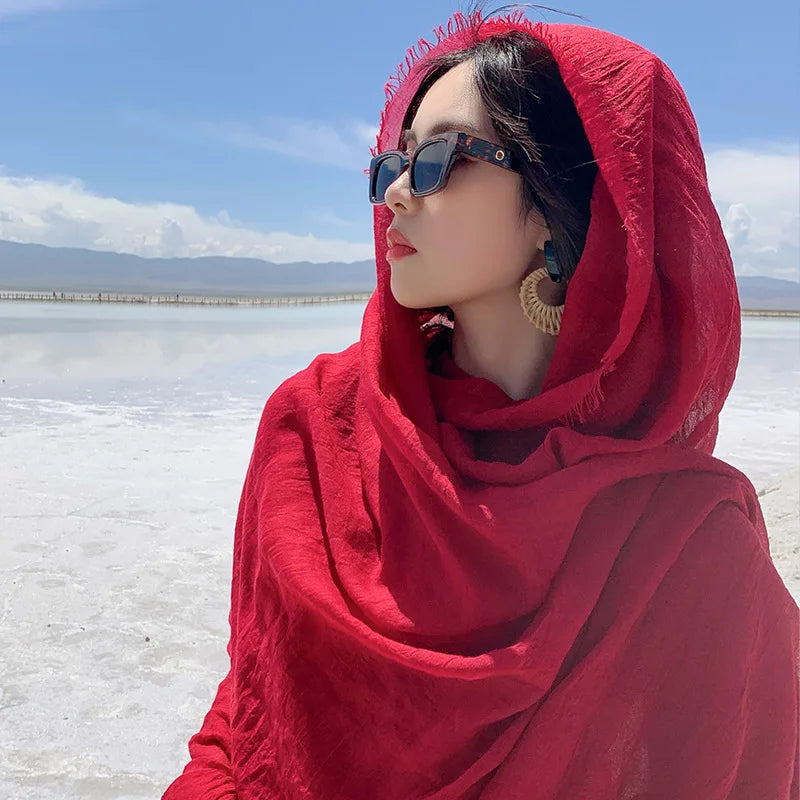 Red Photo Print Beach Scarf - Cotton Linen Sunscreen Shawl for Women's Travel