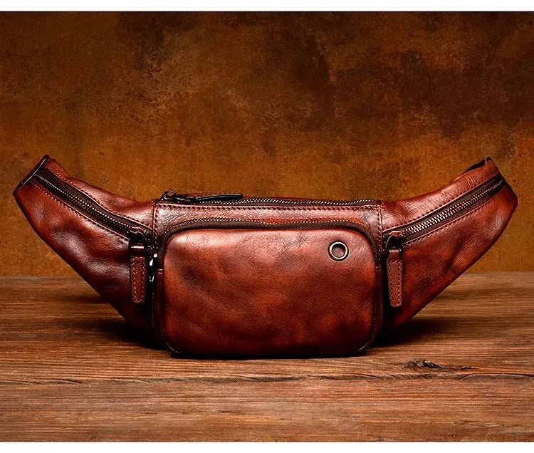 Vegetable Tanned Cowhide Waist Bag - Multi-Functional Vintage Leather