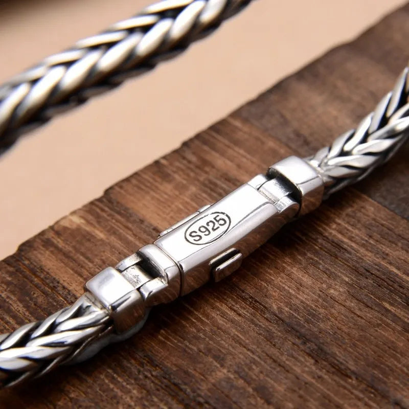 Handmade S925 Sterling Silver Bracelet - Retro Woven Style