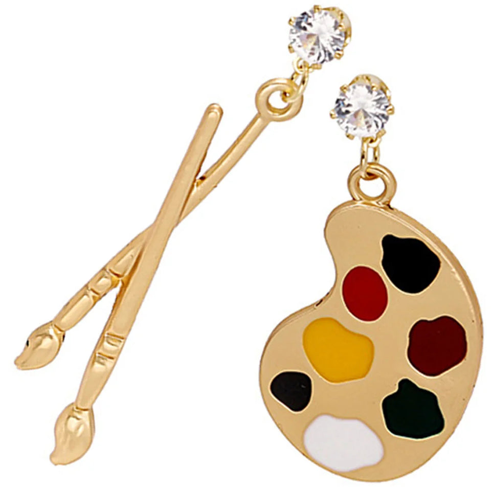 Unique Artist Palette Drop Earrings - Painter Brush Design for Creative Professionals