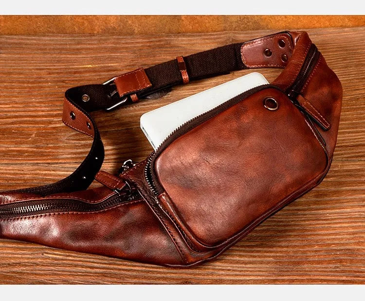 Vegetable Tanned Cowhide Waist Bag - Multi-Functional Vintage Leather