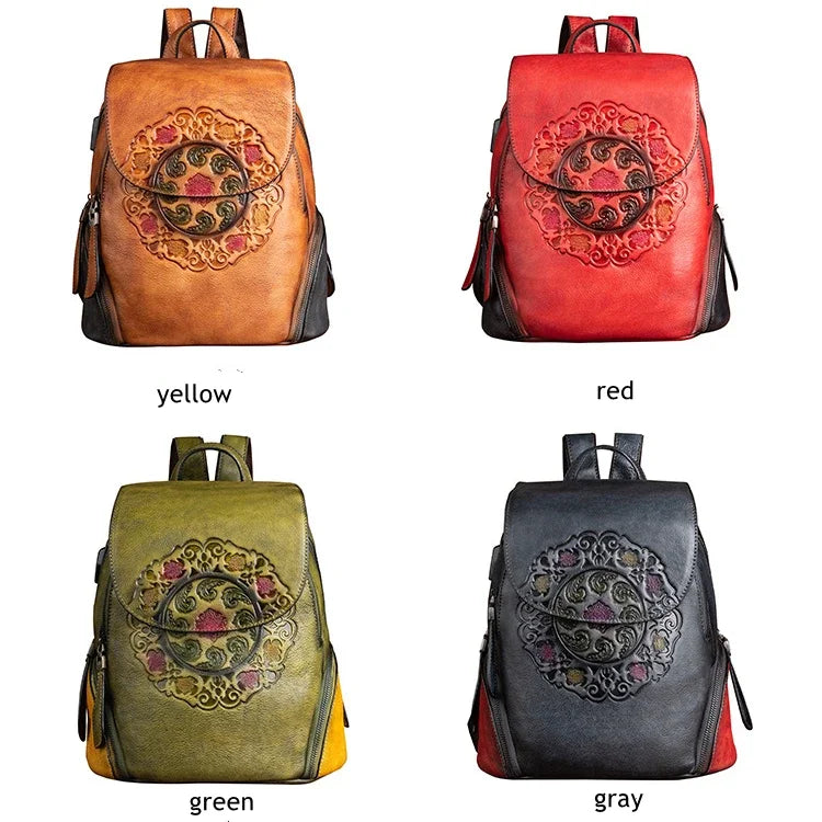 Elegant Women's Leather Backpacks with Embossed Floral Design