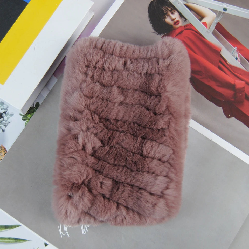 Real Rex Rabbit Fur Scarf - Women's Handmade Knit Cowl & Headband for Winter