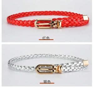0.8cm Thin Braided PU Leather Belt - Women's Pin Buckle Waistband 110cm