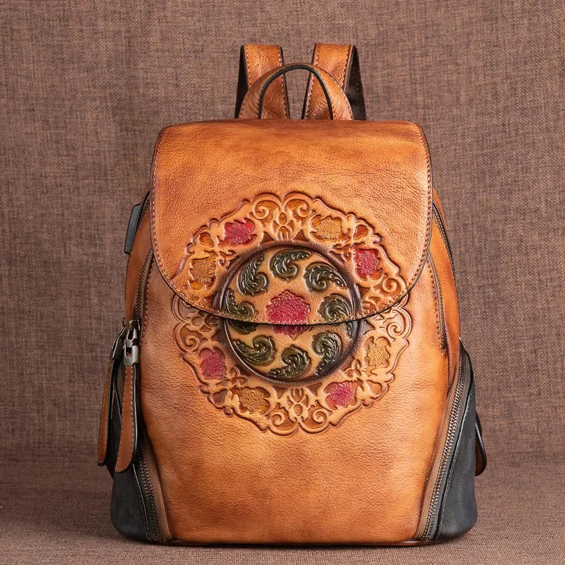 Elegant Women's Leather Backpacks with Embossed Floral Design