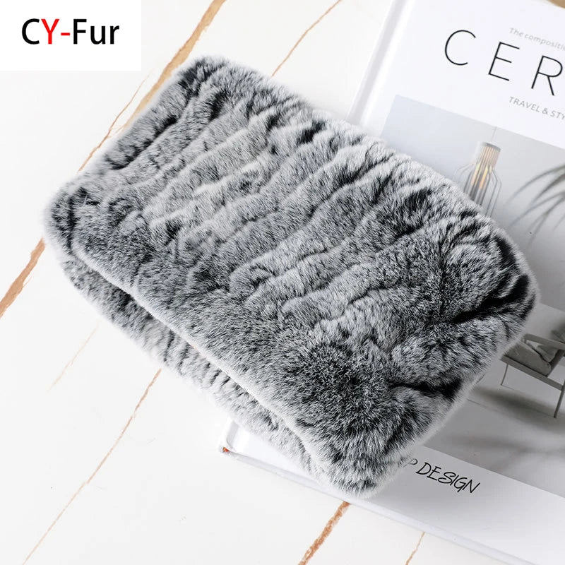 Real Rex Rabbit Fur Scarf - Women's Handmade Knit Cowl & Headband for Winter