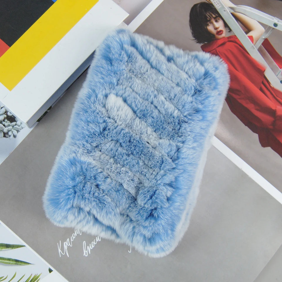 Real Rex Rabbit Fur Scarf - Women's Handmade Knit Cowl & Headband for Winter
