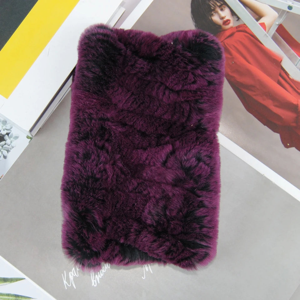 Real Rex Rabbit Fur Scarf - Women's Handmade Knit Cowl & Headband for Winter
