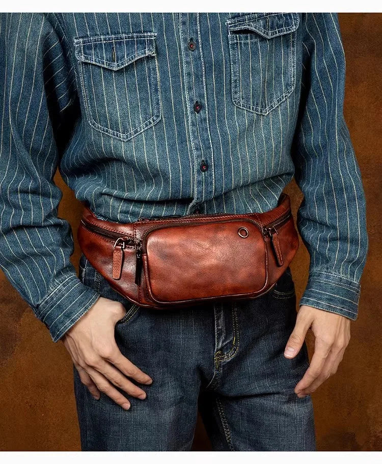 Vegetable Tanned Cowhide Waist Bag - Multi-Functional Vintage Leather