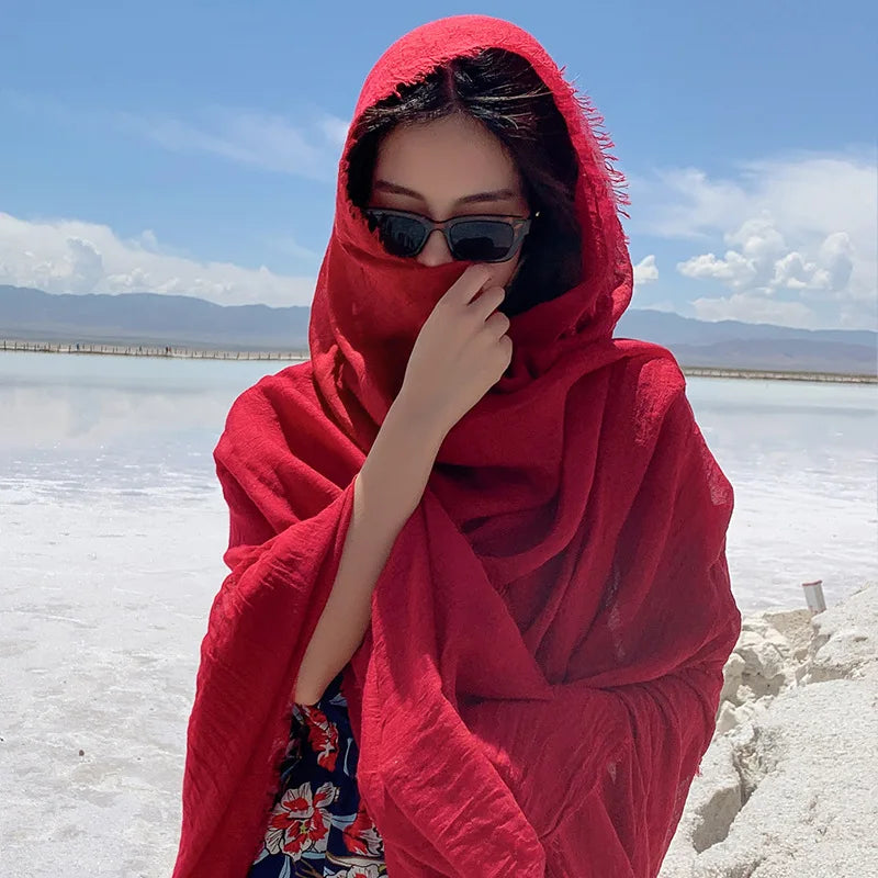 Red Photo Print Beach Scarf - Cotton Linen Sunscreen Shawl for Women's Travel