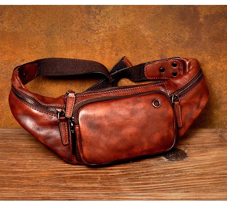 Vegetable Tanned Cowhide Waist Bag - Multi-Functional Vintage Leather