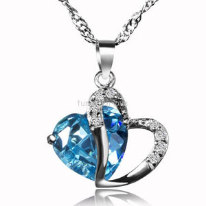 Women Blue Purple 925 Sterling Silver CZ Heart Pendant Necklace Gifts Jewelry