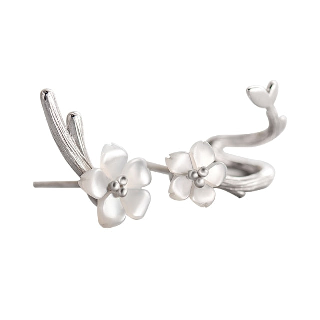 Women's White Cherry 925 Sterling Silver Flower Round Cuff Earrings Jewelry