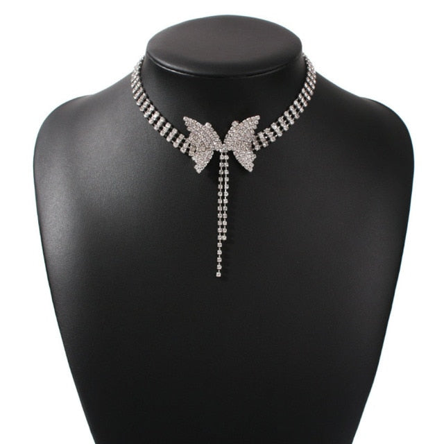 Femmes Strass Noeud Papillon Collier Papillon Ras Du Cou Charme Cristal Gland Collier Bijoux