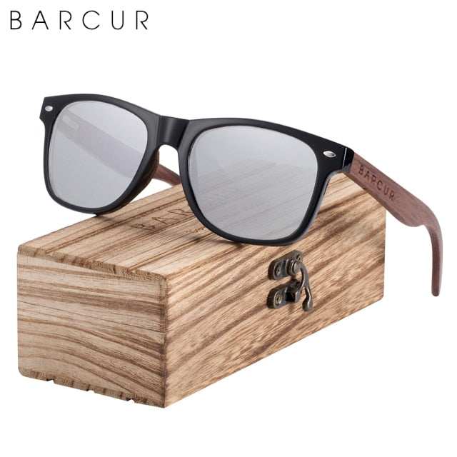 BARCUR Men's Natural Black Walnut Polarized Sunglasses + Original Wooden Box