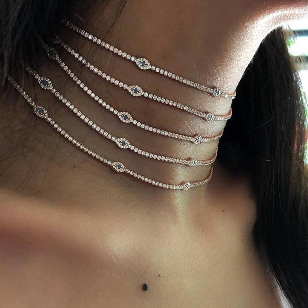 Collier ras du cou avec breloque œil bleu strass pour femme avec chaîne à maillons