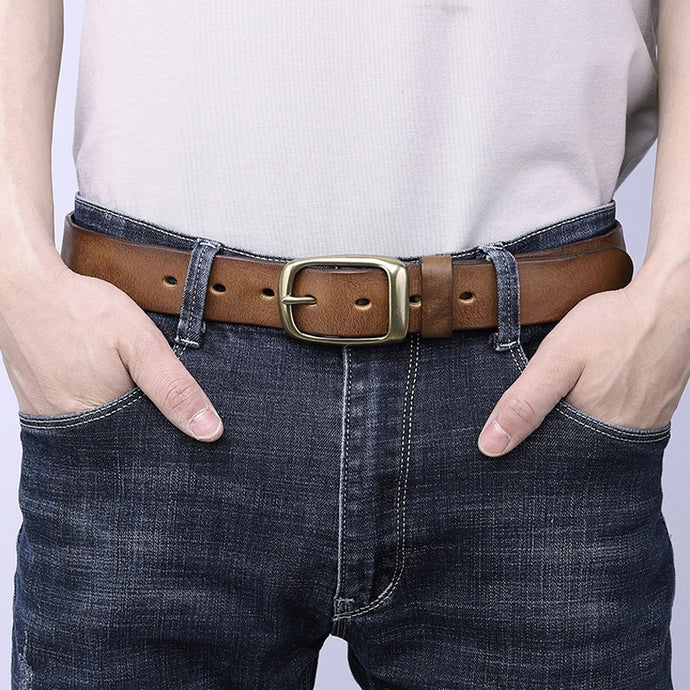 Ceinture en cuir véritable de haute qualité pour hommes, sangle à boucle en cuivre pour Jean