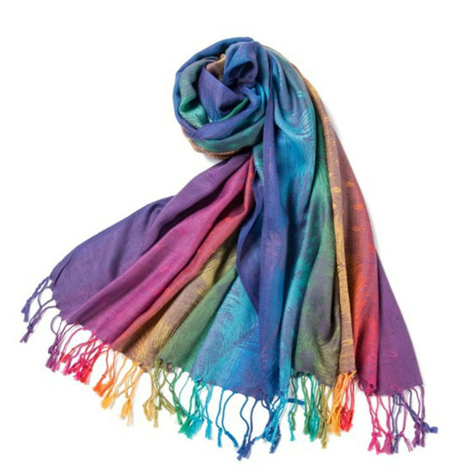 Women's Colorful Peacocks' Feather-Design Shawls with Tassels