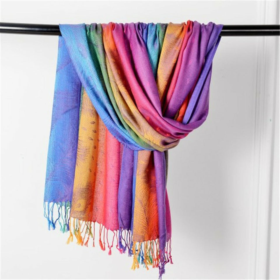 Women's Colorful Peacocks' Feather-Design Shawls with Tassels