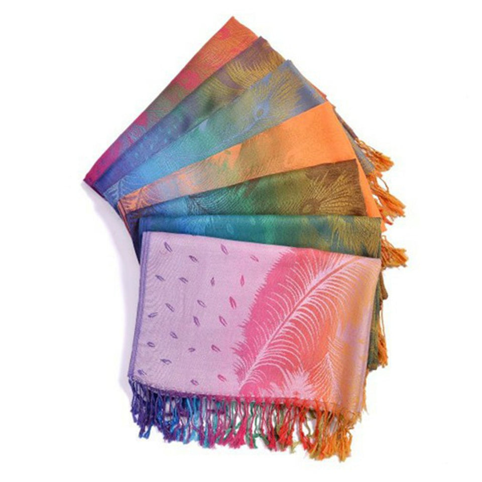 Women's Colorful Peacocks' Feather-Design Shawls with Tassels