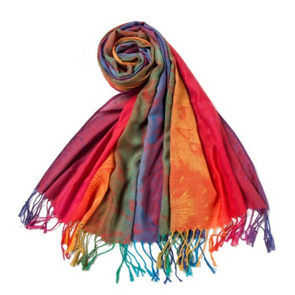 Women's Colorful Peacocks' Feather-Design Shawls with Tassels