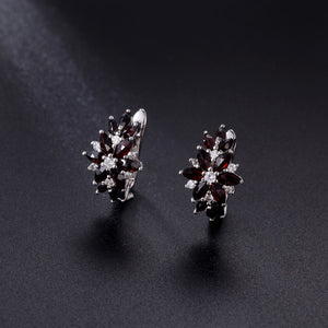 Women Classic Round Natural Black Garnet 925 Sterling Silver Gemstone Earrings