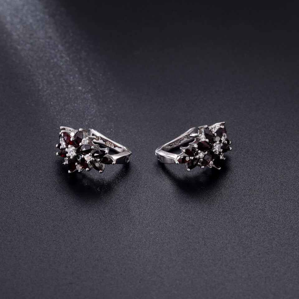 Women Classic Round Natural Black Garnet 925 Sterling Silver Gemstone Earrings