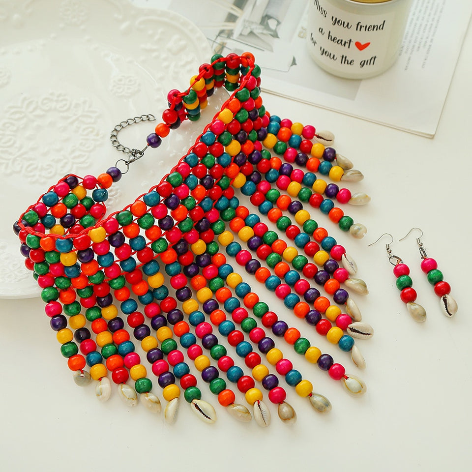 Ensemble de boucles d'oreilles avec colliers et boucles d'oreilles en couches de perles colorées multi-brins pour femmes