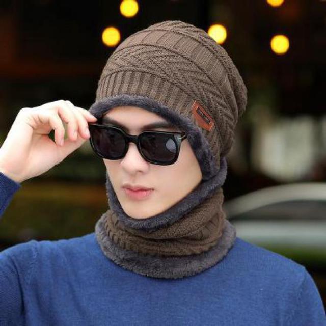 Bonnet d'hiver unisexe tricoté hiver épais laine cou écharpe casquette cagoule masque Bonnet